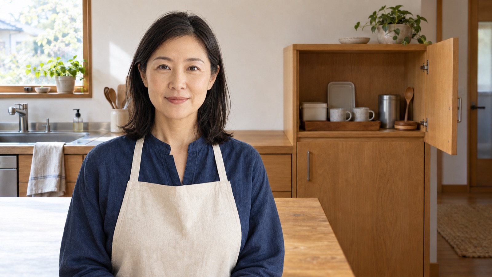 Aiko Mori in an indigo shirt and apron beside an open wooden kitchen cupboard